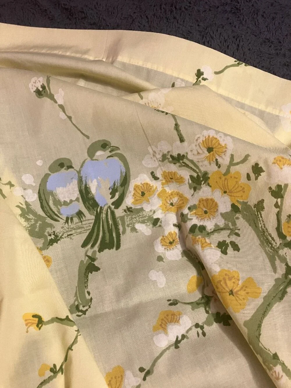 Vintage 1960s Springmaid Yellow Bird & Floral Print Bed Sheet for Double Bed